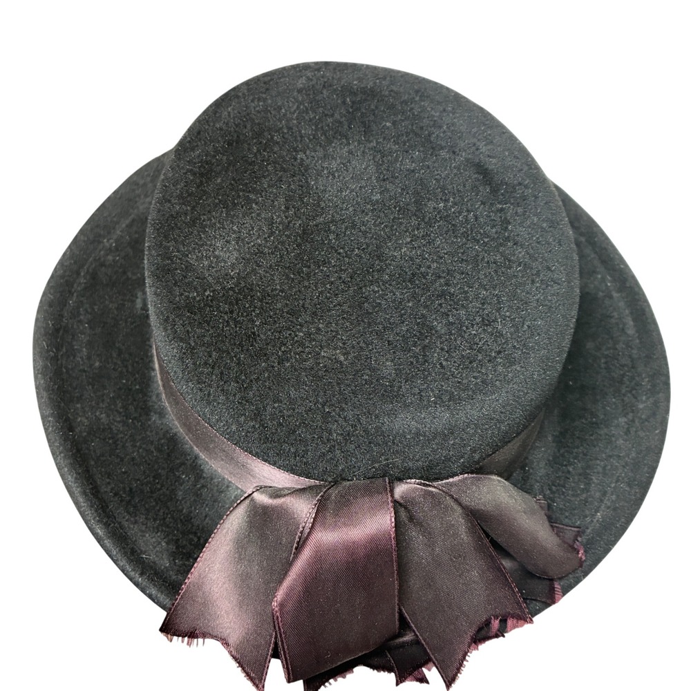 Betmar Wool Felt Boater Hat Ribbon Bow Beaded Pin Black Plum OS Dark Academia